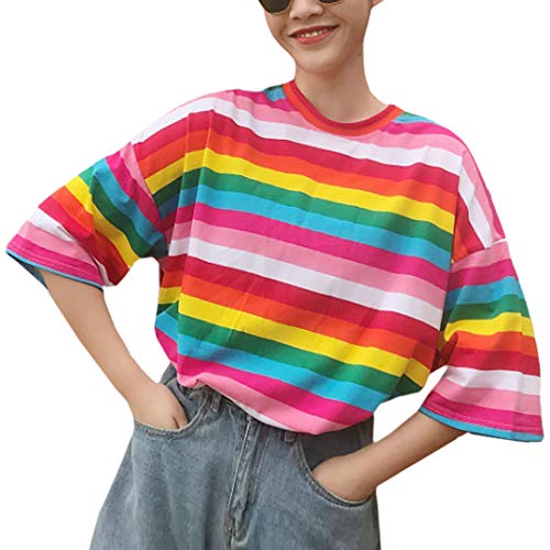 Haoohu Women's Colorful Stripe T-Shirt Rainbow Round Neck Short